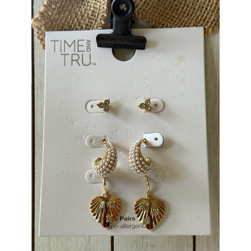 Time and Tru Gold Tone 2-Pair Stud & Pearl Heart Dangle Earrings Crystal